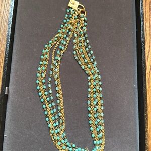 Adjustable 8 strand necklace-4 gold, 2 turquoise, 2 blue glass beads. 42” length